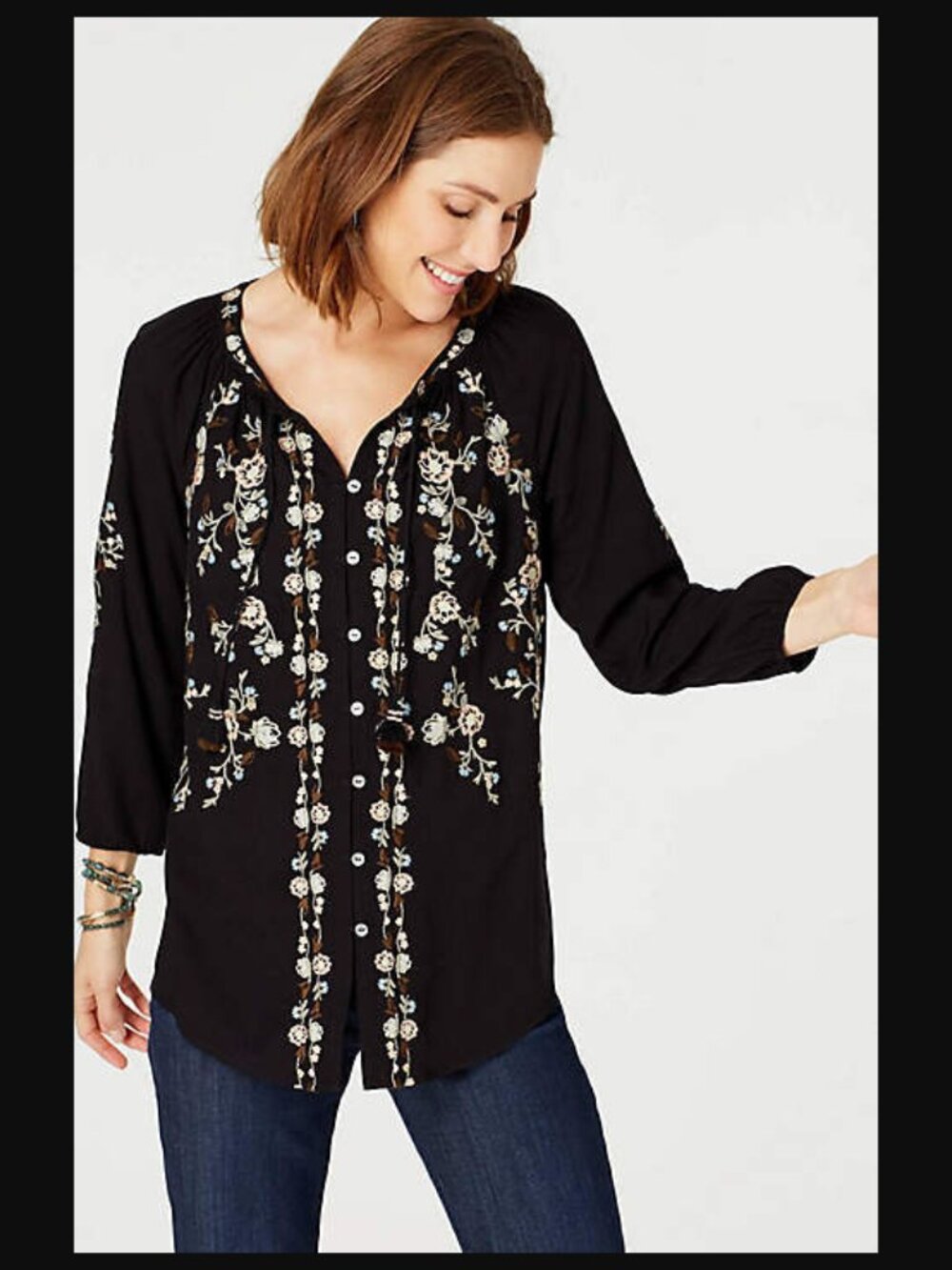 J. Jill Embroidered Floral Tunic Peasant Top Tasseled Bohemian Boho Flowy Sz XL